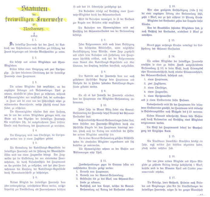 Die Statuten der F.F. Feuerwehr Norderney 28.12.1884