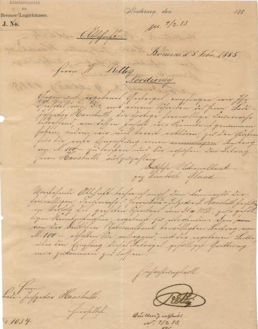 Original-Spendenbeleg der Bremer-Häuser 9.02.1885