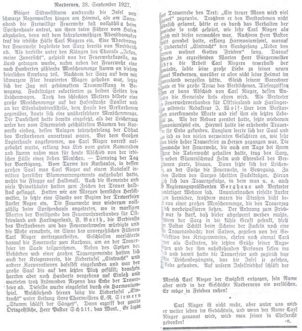 Hauptmann Carl Rieger ist verstorben im Sept. 1927