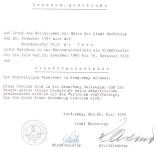 Ernennungsurkunde von StBm. Wilt de Boer - 26.11.1959