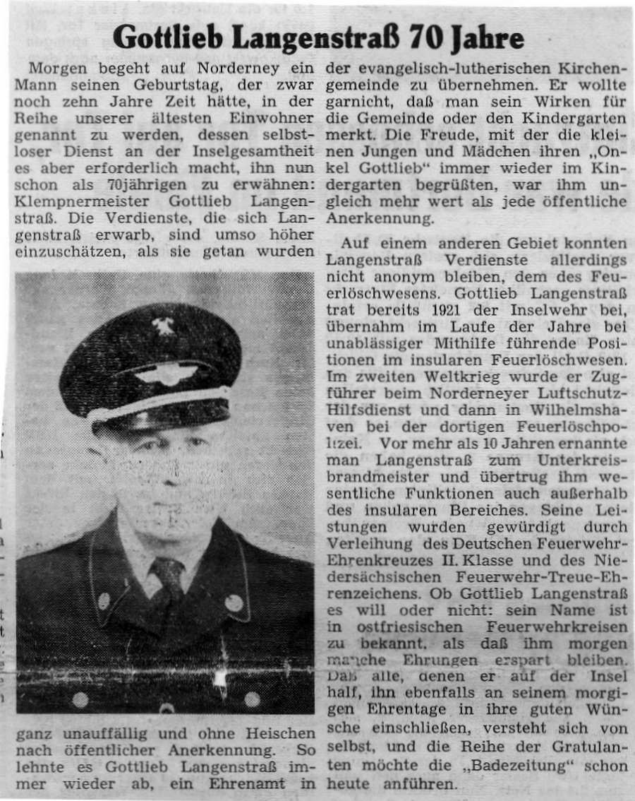 Gottlieb Langenstraß 70 Jahre - 1961