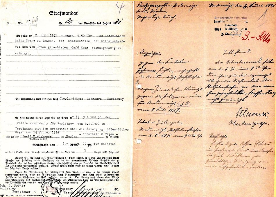 Strafmandat Nr. 1769 vom 4. Juni 1931 für Joh. J. Fröhle.