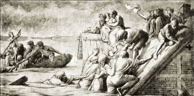 Flutkatastrophe: Wandmalerei von Heinrich v. Dörnberg im Heim des Dichters Hermann Allmers in Rechtenfleth/Unterweser.