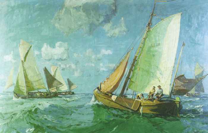 Norderneyer Schaluppen bei der Schellfisch-Angelfischerei auf hoher See 1930 - Öl auf Leinwand - 157 x 243 cm Norderneyer Schaluppen bei der Schellfisch-Angelfischerei auf hoher See 1930 - Öl auf Leinwand - 157 x 243 cm