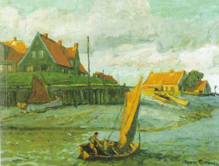 Westeraccumersiel - Hafen in der Abendsonne / 1940 - Öl auf Holz - 60 x 80 cm